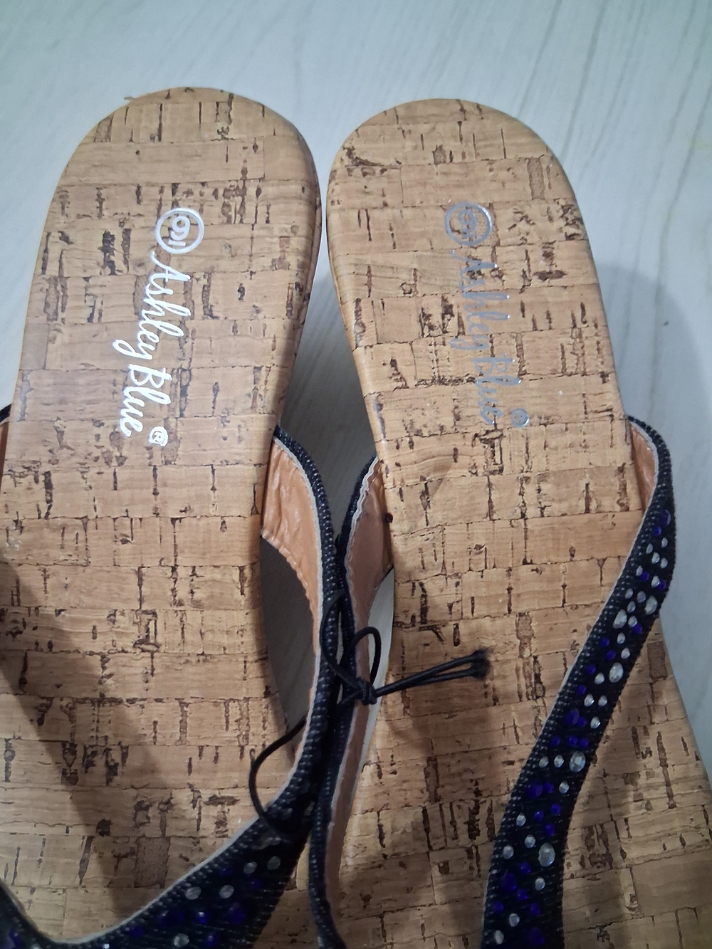 Ashley Blue Navy Rhinestone Cork Wedge Thong Sandals - Picture 3 of 6